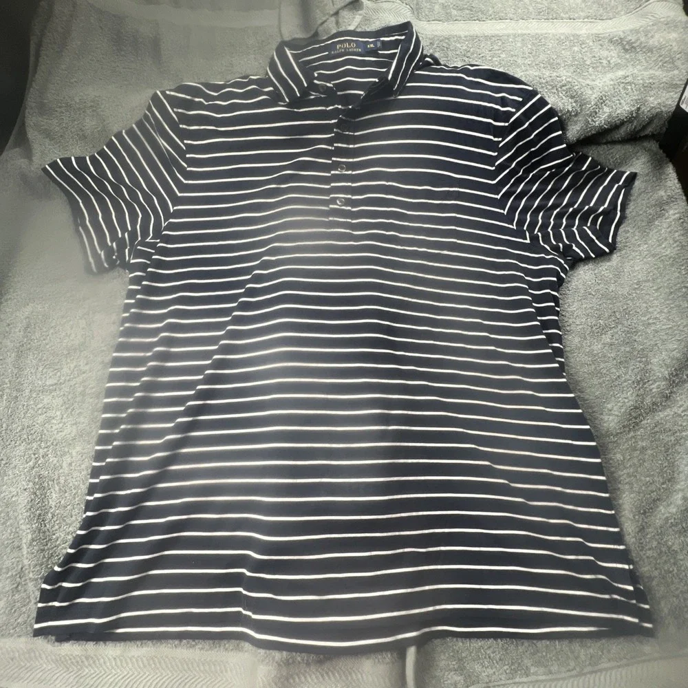 POLO Ralph Lauren Men's Classic Fit Interlock Navy Blue‎ White Stripe Shirt XXL